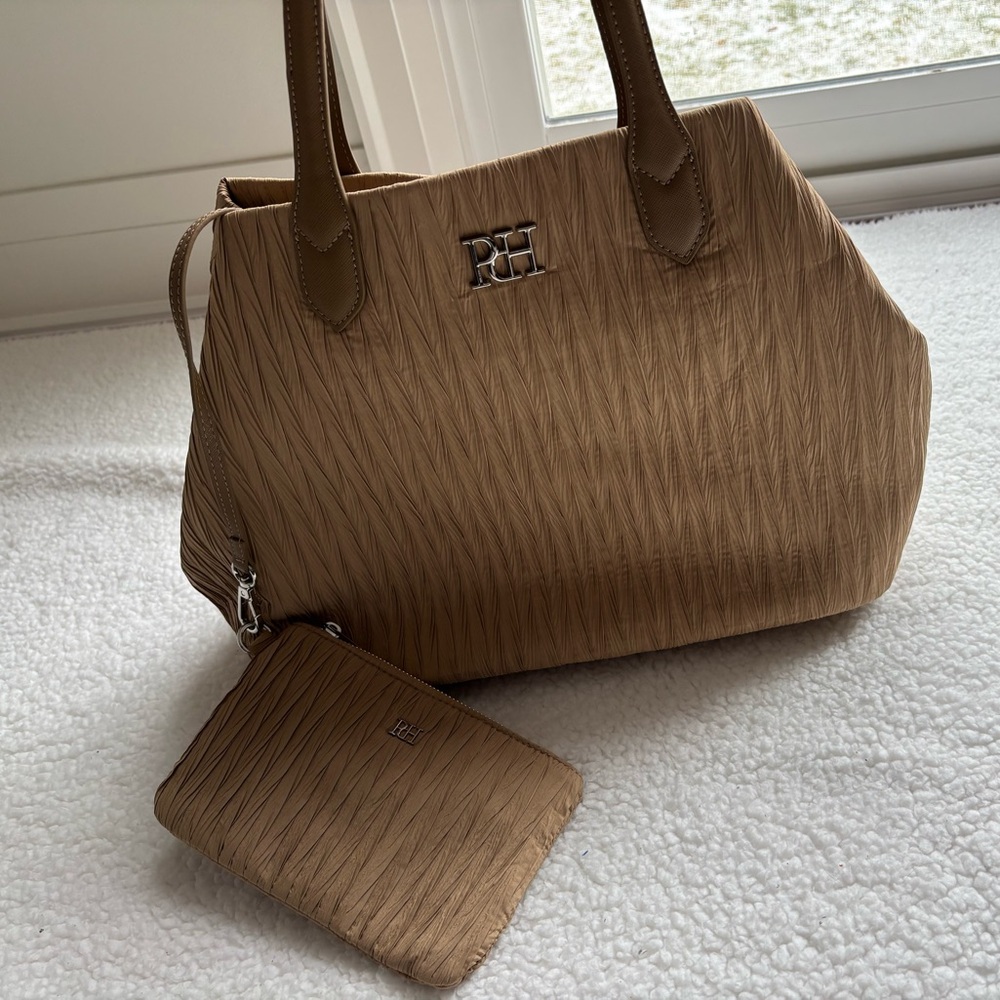 Pedro del Hierro Designer Brand Minimalistic Brown Fabric Tote Bag with Pouch
